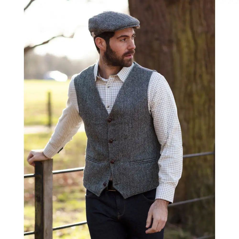 Mens Classic Scottish Harris Tweed Waistcoat - Steel Grey