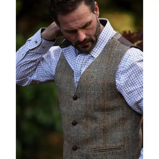 Mens Classic Scottish Harris Tweed Waistcoat - White Sand