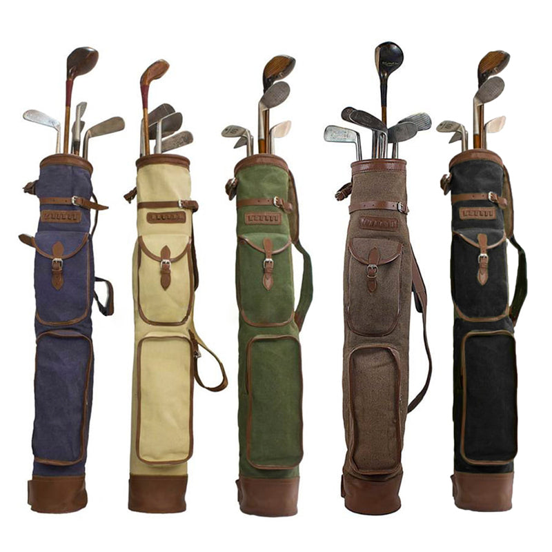 Traditional vintage-style pencil golf bag with crossed hickory wood stands.