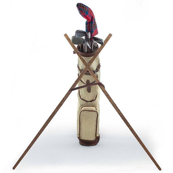 Traditional vintage-style pencil golf bag with crossed hickory wood stands.