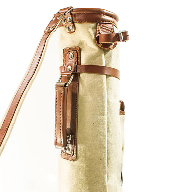 Traditional vintage-style pencil golf bag with crossed hickory wood stands.