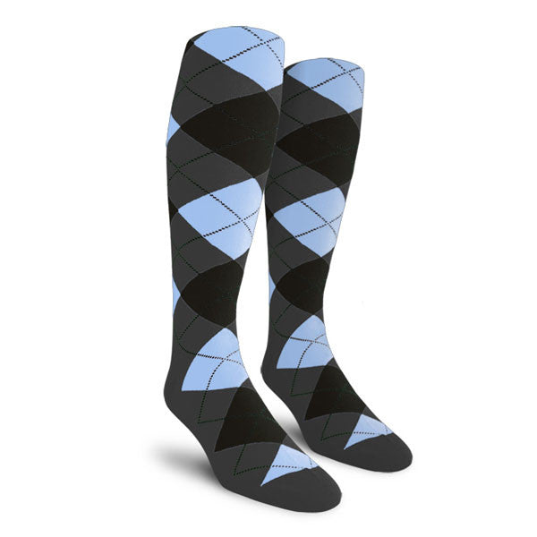 Argyle Mens Knee High Golf Socks in Charcoal, Black, and Light Blue