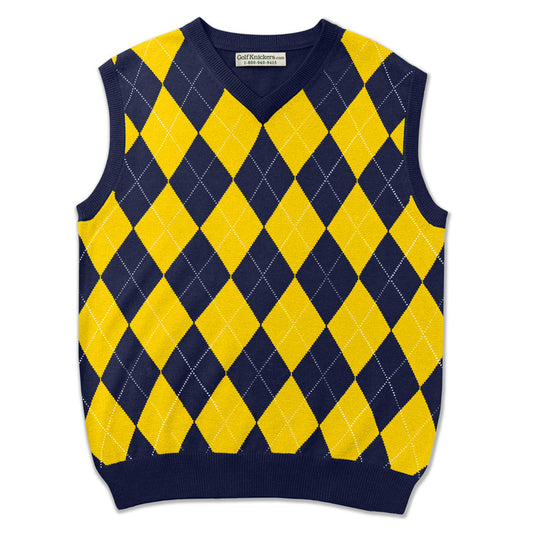 Mens Argyle Sweater Vest Navy Yellow Flat Lay – HickoryGolf
