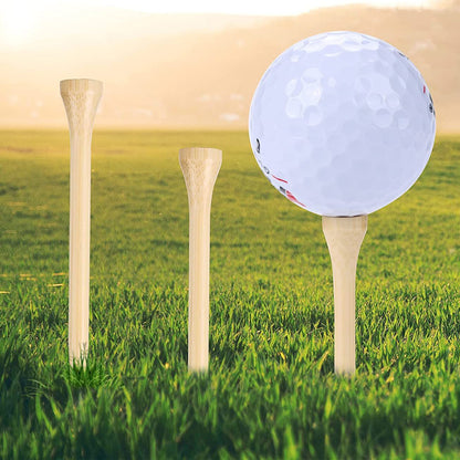 Hand holding a bamboo golf tee with a golf course in the background, showcasing the eco-friendly and high-quality design of the tees.