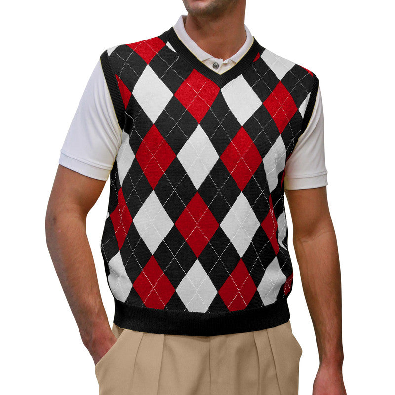 HickoryGolfStore Argyle Golf Sweater Vest in Black Red White – Classic Men’s Vintage Golf Knitwear