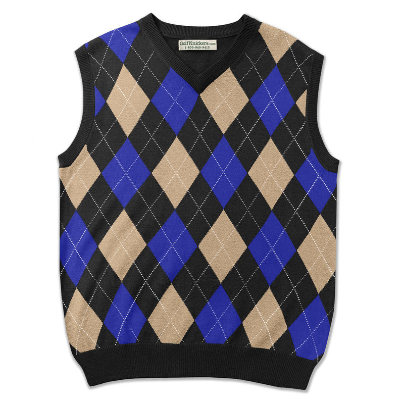 HickoryGolfStore Retro Golf Sweater Vest – Black Royal Khaki Argyle Pattern