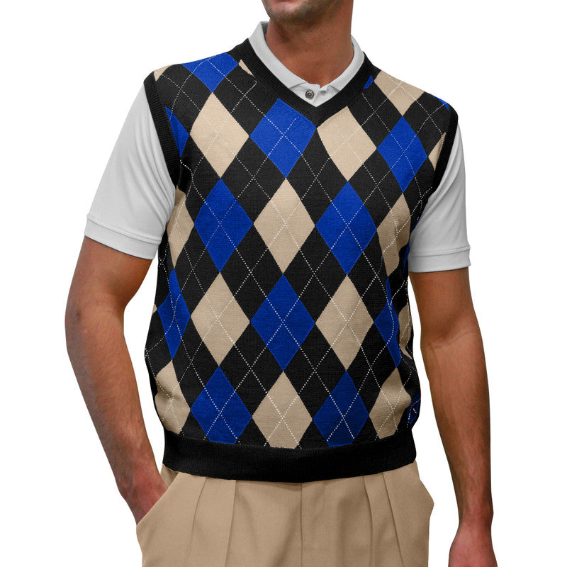 HickoryGolfStore Retro Golf Sweater Vest – Black Royal Khaki Argyle Pattern