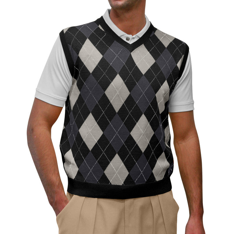 HickoryGolfStore Argyle Sweater Vest Men’s Golfwear – Black Taupe Charcoal Pattern