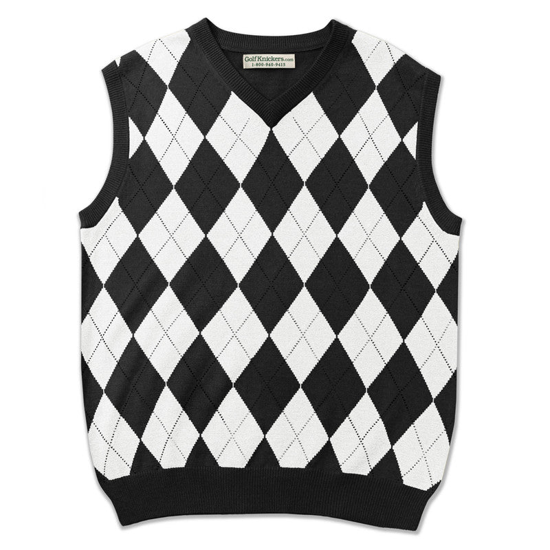 HickoryGolfStore Argyle Sweater Vest for Men – Black and White Lightweight Wool Blend
