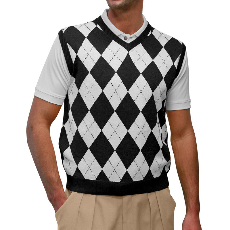 HickoryGolfStore Argyle Sweater Vest for Men – Black and White Lightweight Wool Blend
