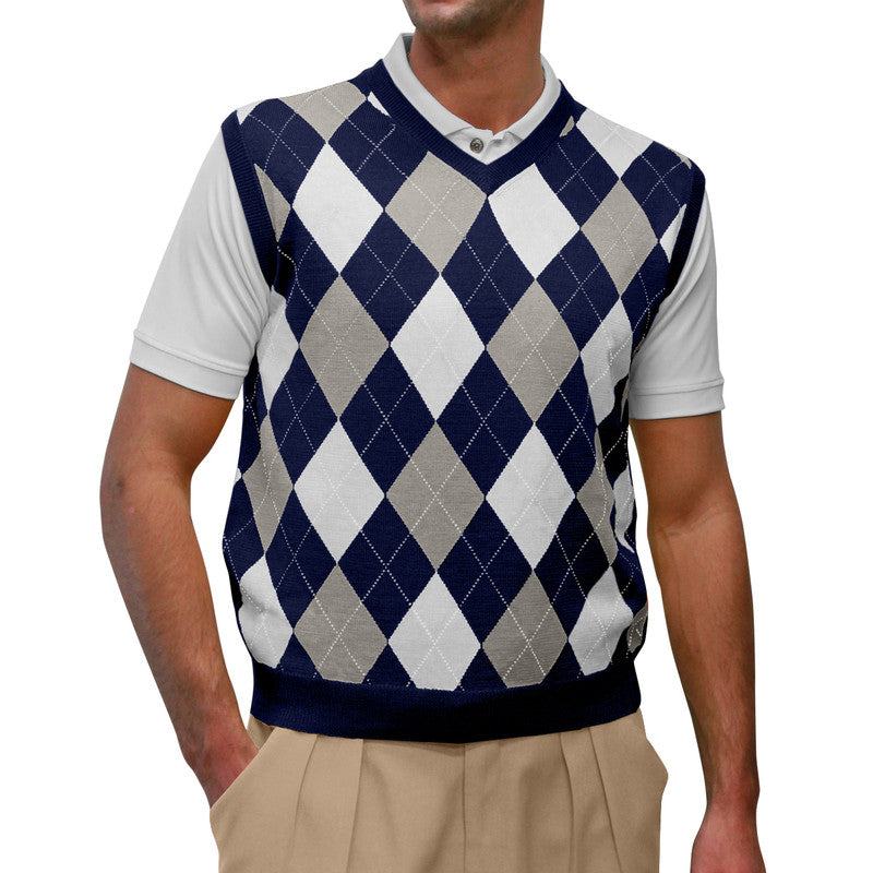 Navy Taupe White Argyle Sweater Vest – Classic Wool Blend Golf Fashion