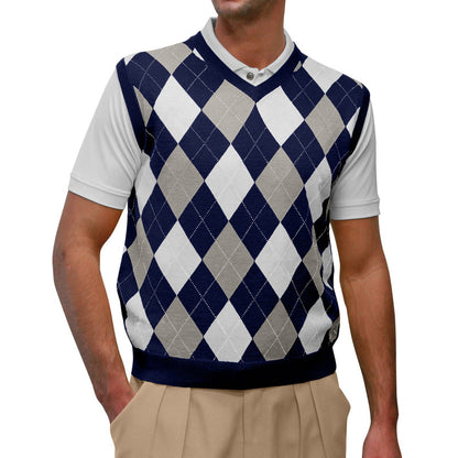 Navy Taupe White Argyle Sweater Vest – Classic Wool Blend Golf Fashion