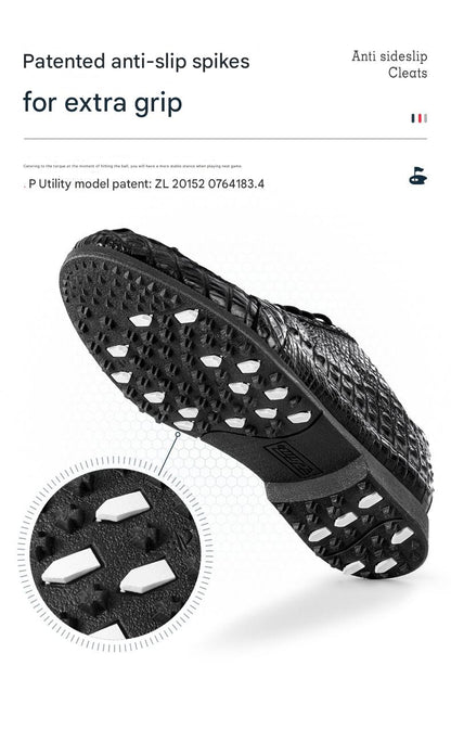 Men’s crocodile leather golf shoes by Hickory Golf Store – waterproof, anti-slip spiked golf footwear for classic gentlemen golfers.