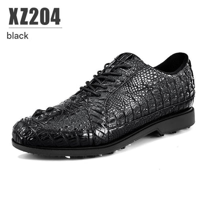 Men’s crocodile leather golf shoes by Hickory Golf Store – waterproof, anti-slip spiked golf footwear for classic gentlemen golfers.