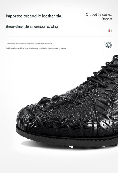 Men’s crocodile leather golf shoes by Hickory Golf Store – waterproof, anti-slip spiked golf footwear for classic gentlemen golfers.