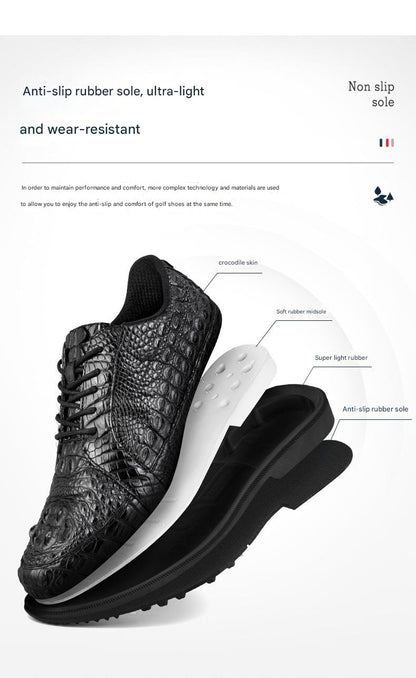 Men’s crocodile leather golf shoes by Hickory Golf Store – waterproof, anti-slip spiked golf footwear for classic gentlemen golfers.