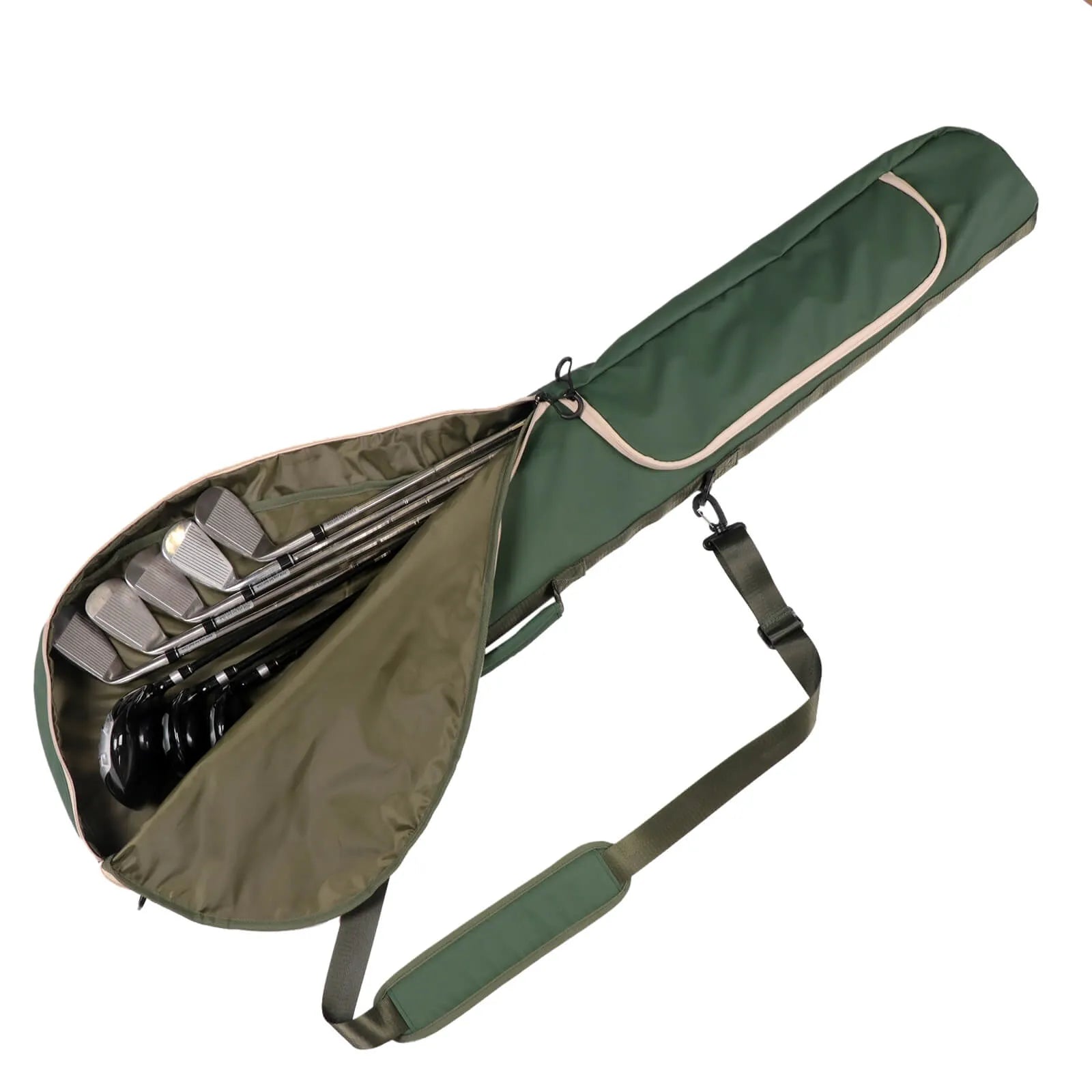 Lightweight green Sunday golf bag for carrying 3 to 8 clubs to the range short course or hickory golf round