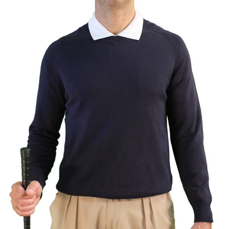 HickoryGolfStory Long Sleeve Solid Golf Sweater Mens Navy Cotton Pullover