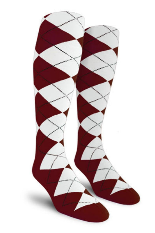 Maroon and White Argyle Knee High Golf Socks