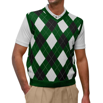 Men’s Argyle Golf Sweater Vest Dark Green Black White – Classic Golf Knitwear from HickoryGolfStore