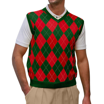 Men’s Argyle Golf Sweater Vest Dark Green Red – Classic Golf Knitwear from HickoryGolfStore