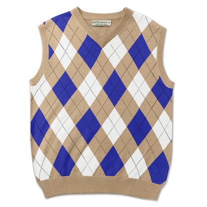 Men’s Argyle Golf Sweater Vest Khaki Royal White – Vintage Golf Knit Vest