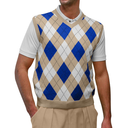 Men’s Argyle Golf Sweater Vest Khaki Royal White – Vintage Golf Knit Vest