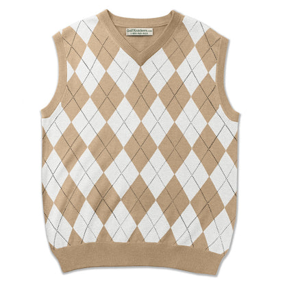 Men’s Argyle Golf Sweater Vest Khaki White – Classic Wool Blend Knitwear from HickoryGolfStore