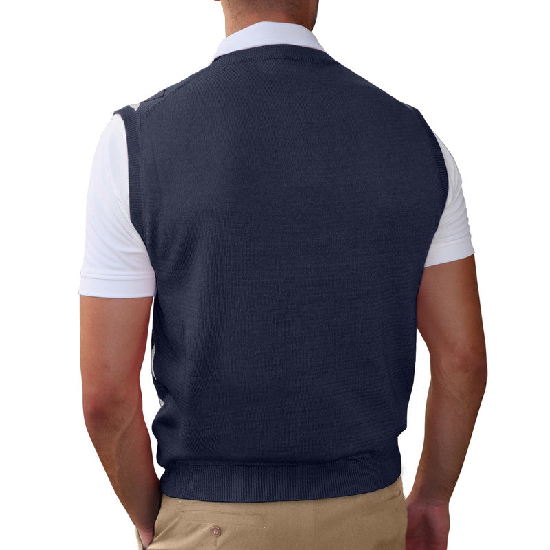Men’s Argyle Sweater Vest Navy White Back View
