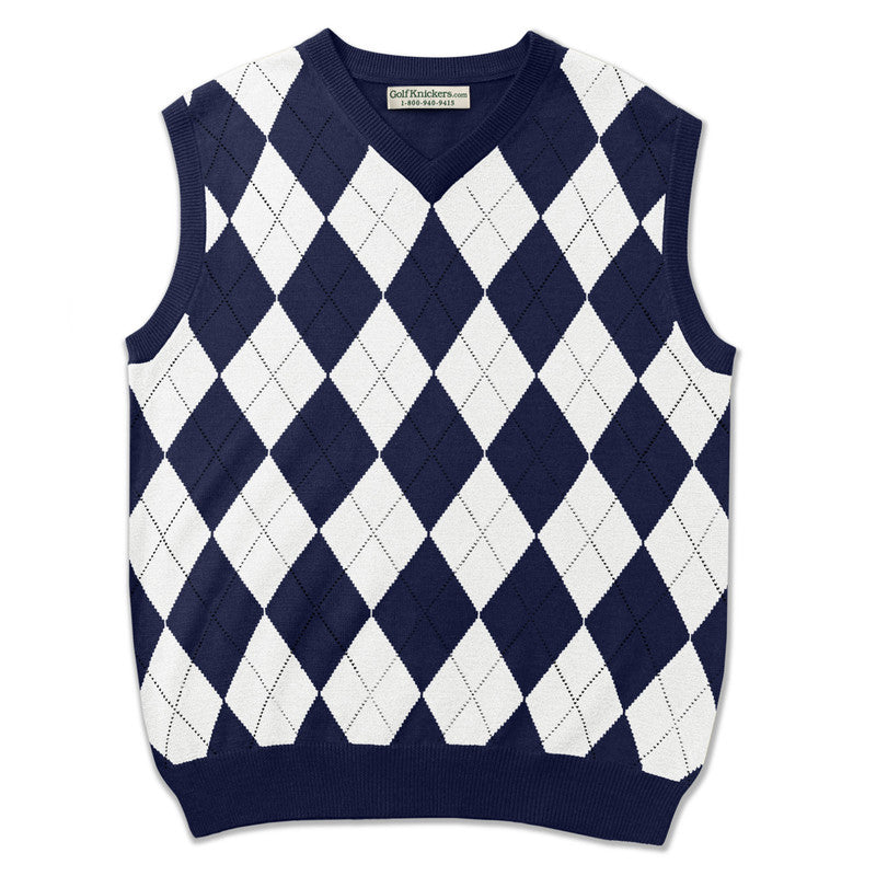 Men’s Argyle Sweater Vest Navy White Front View – Classic Golf Apparel