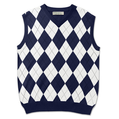 Men’s Argyle Sweater Vest Navy White Front View – Classic Golf Apparel