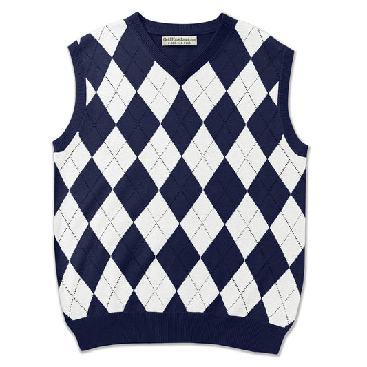 Men’s Argyle Sweater Vest Navy White Front View – Classic Golf Apparel