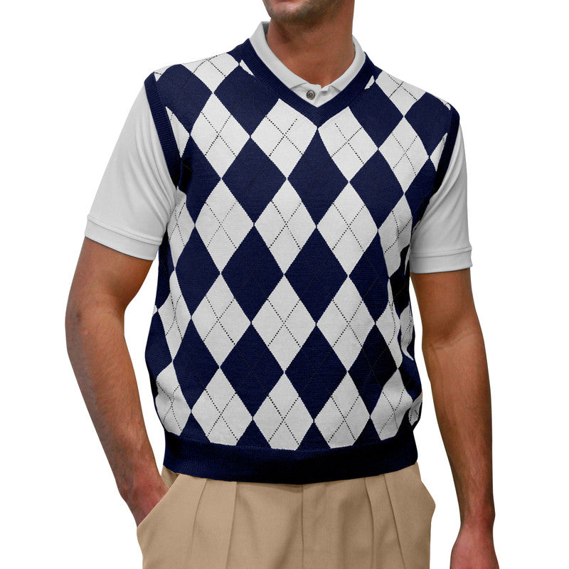Classic Navy and White Argyle Golf Sweater Vest for Men