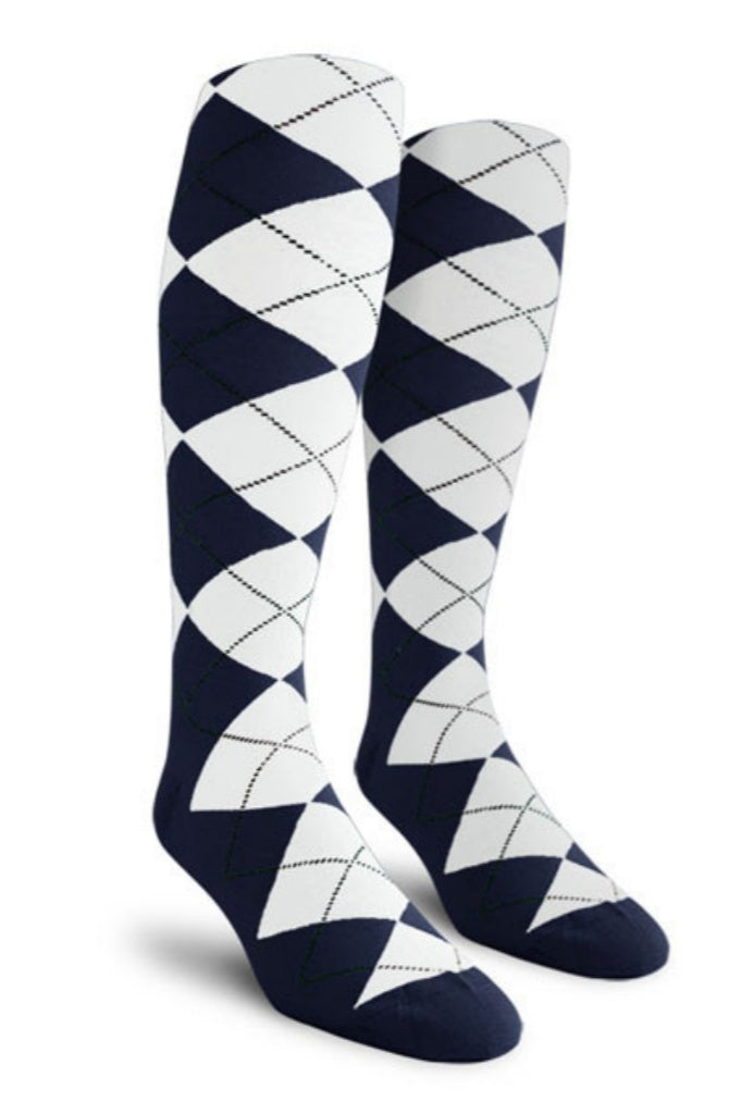 Navy and White Argyle Knee High Golf Socks