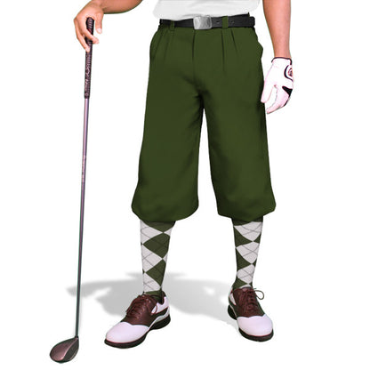 'Par 3' Men's Plus Fours Golf Knickers in Olive – Comfortable and stylish golf apparel made from lightweight microfiber gabardine.