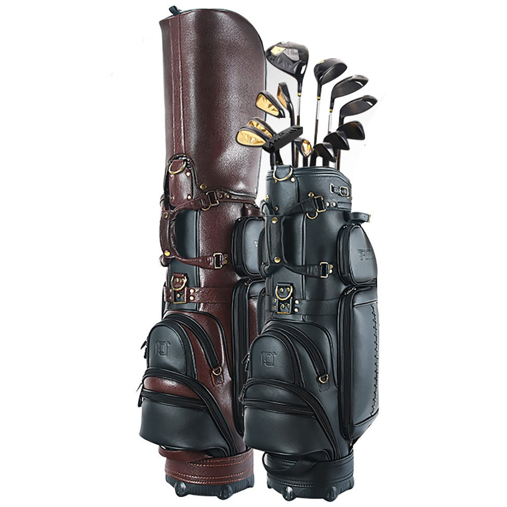 Premium Leather Golf Bag in Elegant Black, Durable and Waterproof with Secure Zippered Pockets and Non-Slip Handle.