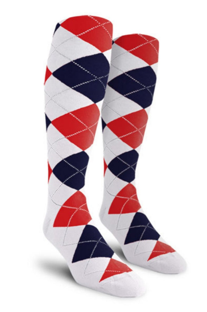 White, Navy, and Red Argyle Knee High Golf Socks