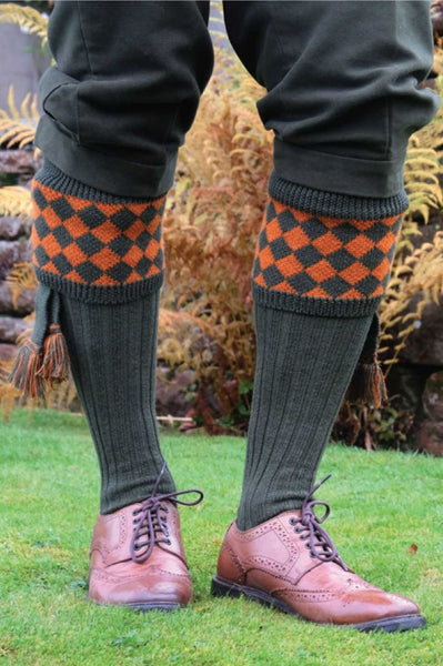 Knee High Chessboard Golf Socks made from Merino Wool with removable Garter Ties