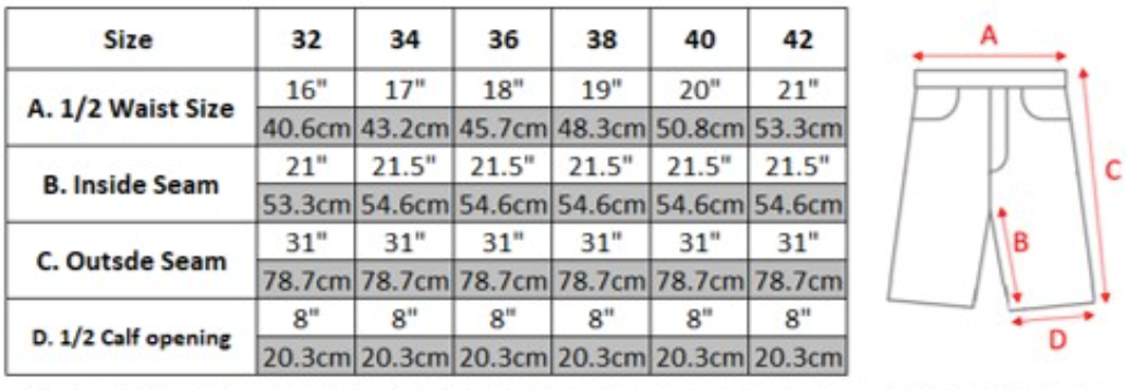 Walker & Hawkes Tweed Plus Fours Golf pants measurements table