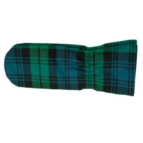 Scottish Woollen tartan golf head cover with Green, Black and light blue interwoven into a classic Scottish Plaid