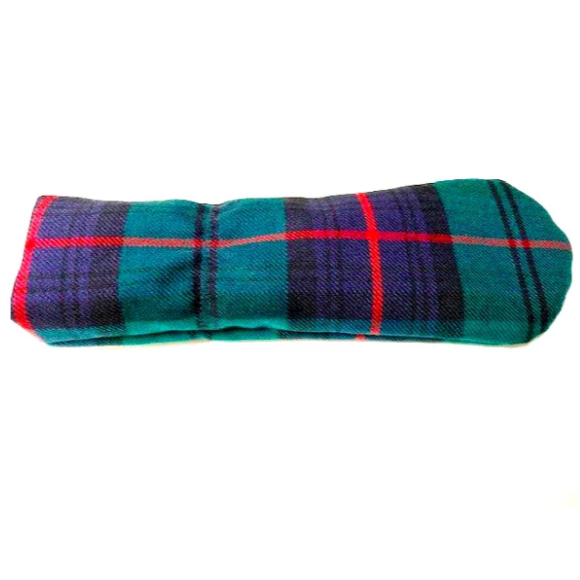 Scottish wool golf head cover tartan with green, black and navy with a red stripe.