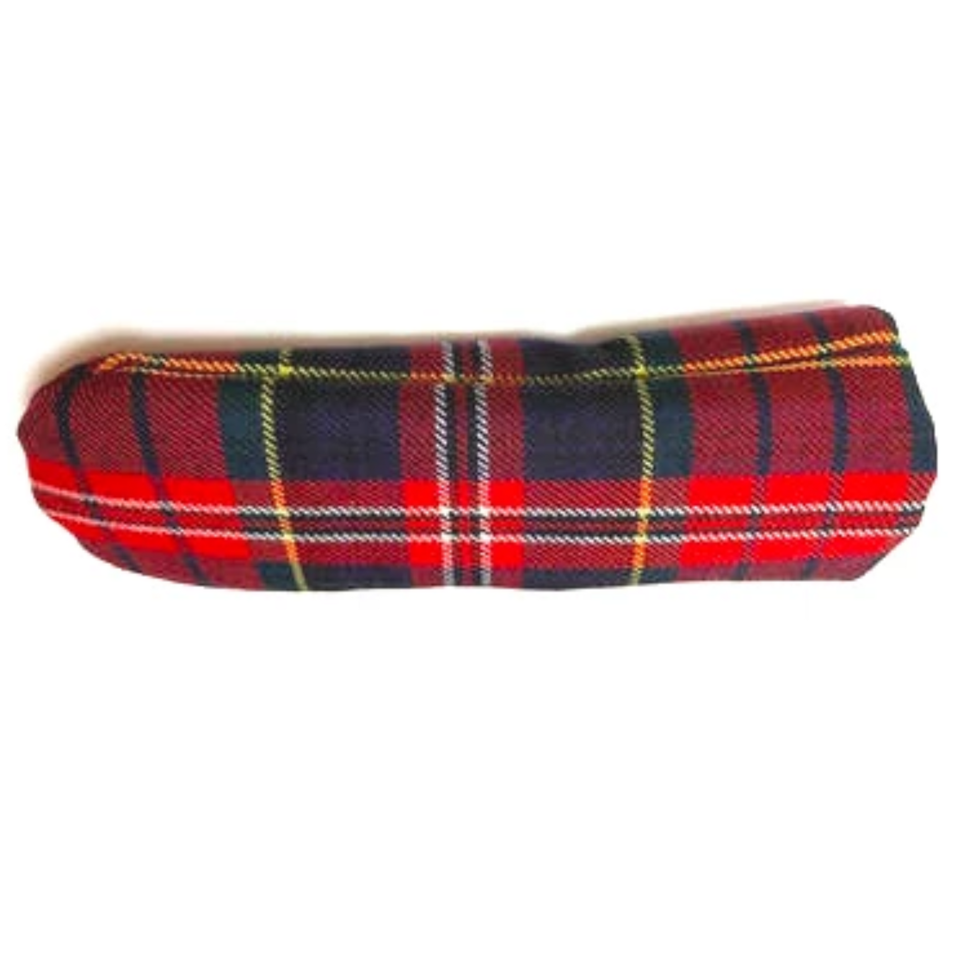 Red and navy tartan golf head cover made fro Scottish wool with gold thread throughout the classic plaid. 