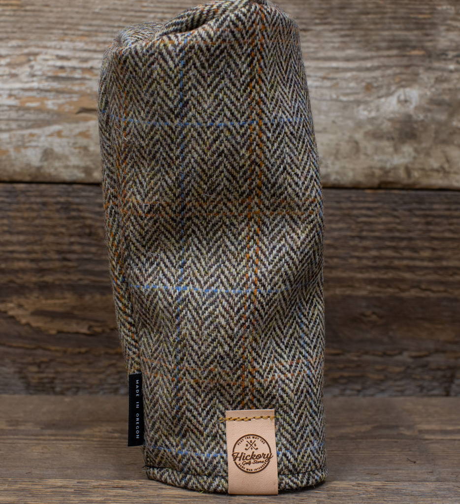 Seamus Golf - Driver/Fairway Wood Head Cover made from Glen Plaid Harris Tweed Wool standing up with hickory golf store logo
