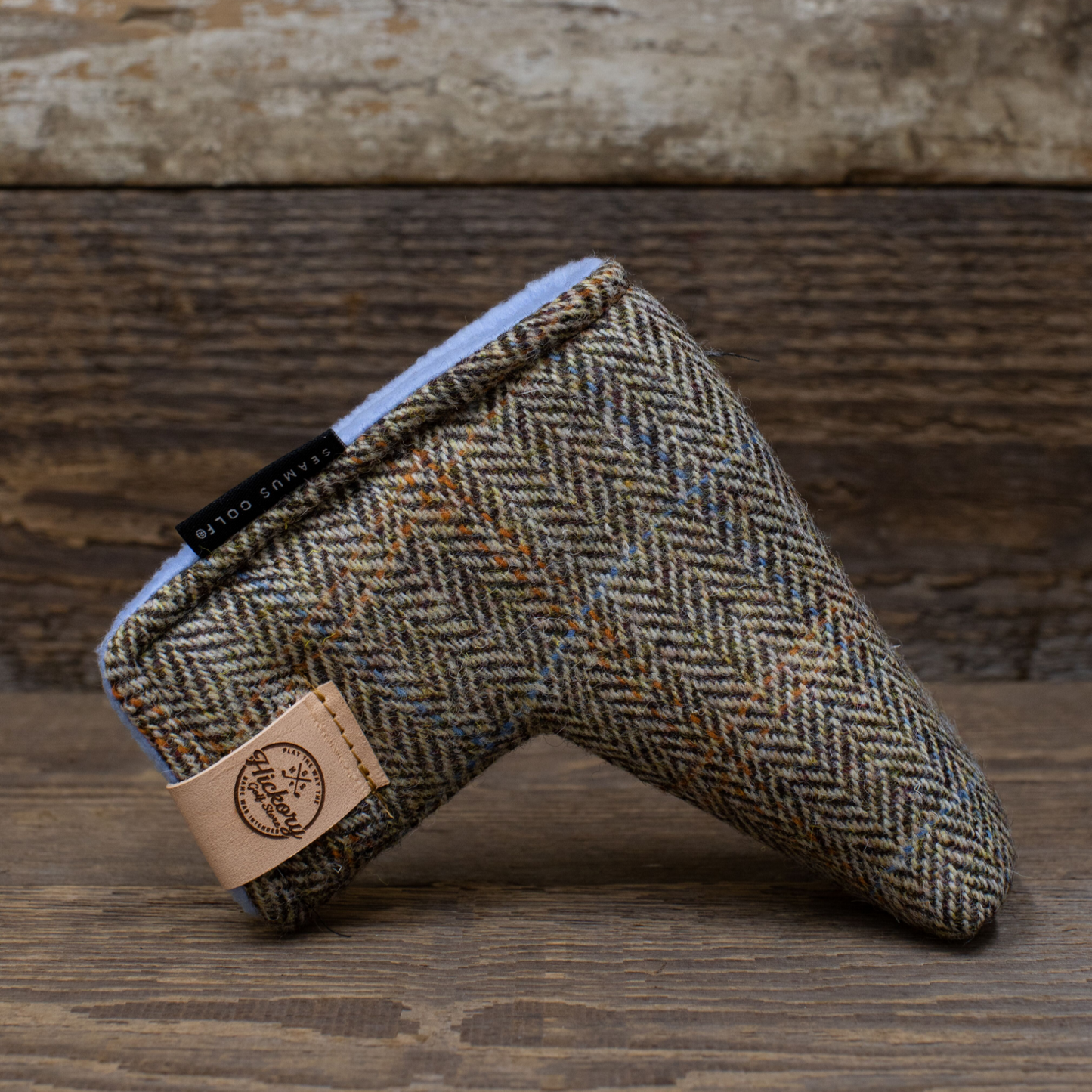Seamus Golf - Blade Putter Head Cover made from Glen Plaid Harris Tweed Wool with Magnet Closure side view