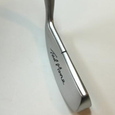 Tad Moore- Signature Muscle Back Blade Golf Putter with Hickory shaft and leather grip front view